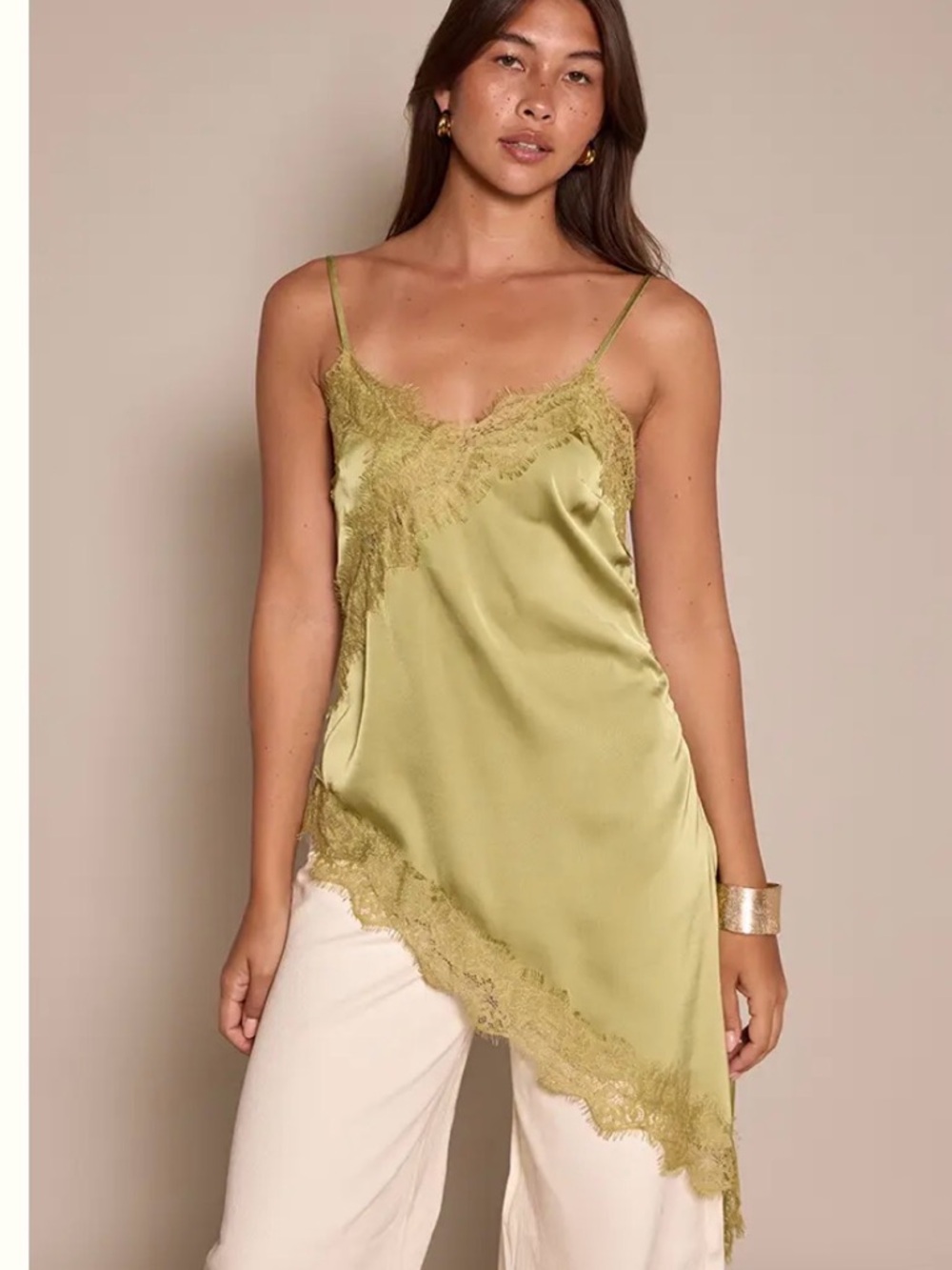 Pretty little thing lace -Trim Satin Asymmetric Cami Top - Olive size small